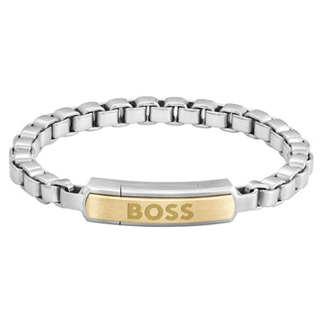 Ανδρικό βραχιόλι Boss 1580597M ατσάλινο δίχρωμο με ασημί μπρασελέ και χρυσό στοιχείο, κατασκευασμένο από χειρουργικό ατσάλι σε σχέδιο μπρασελέ.